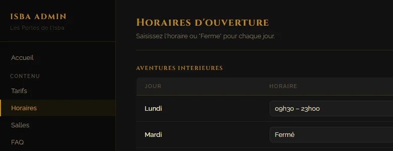 Écran de modification des horaires dans l'application Isba Admin
