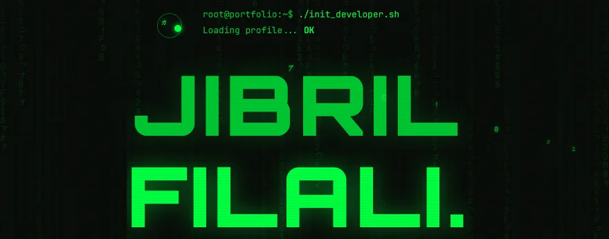 Page d'accueil du portfolio, style terminal vert sur fond noir